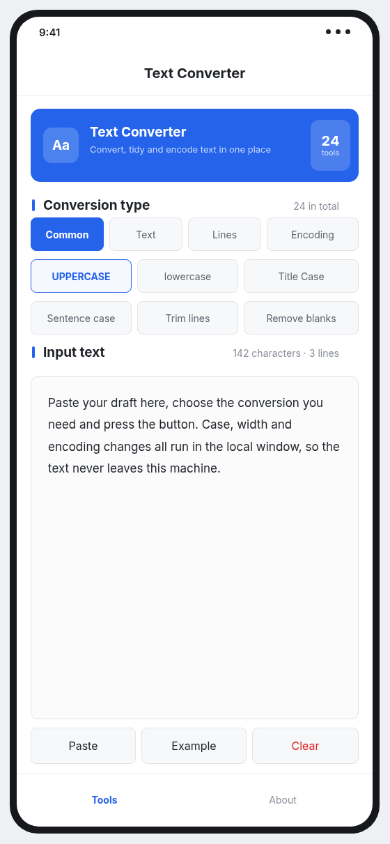 Text Converter mobile app interface on Android